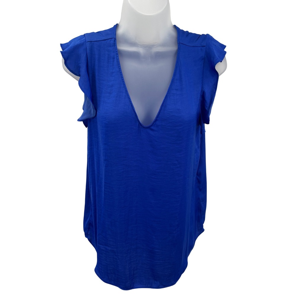 Gemma Royal Blue Satin Weave V-Neck Ruffle Cap Sleeve Blouse Top Womens Medium